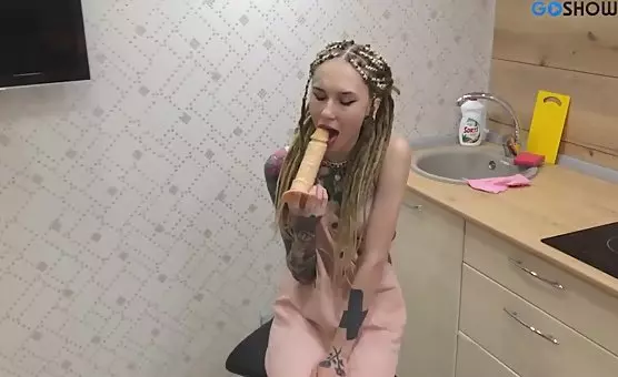 Tattooed and Braless Riding Dildos on the Kitchen Counter